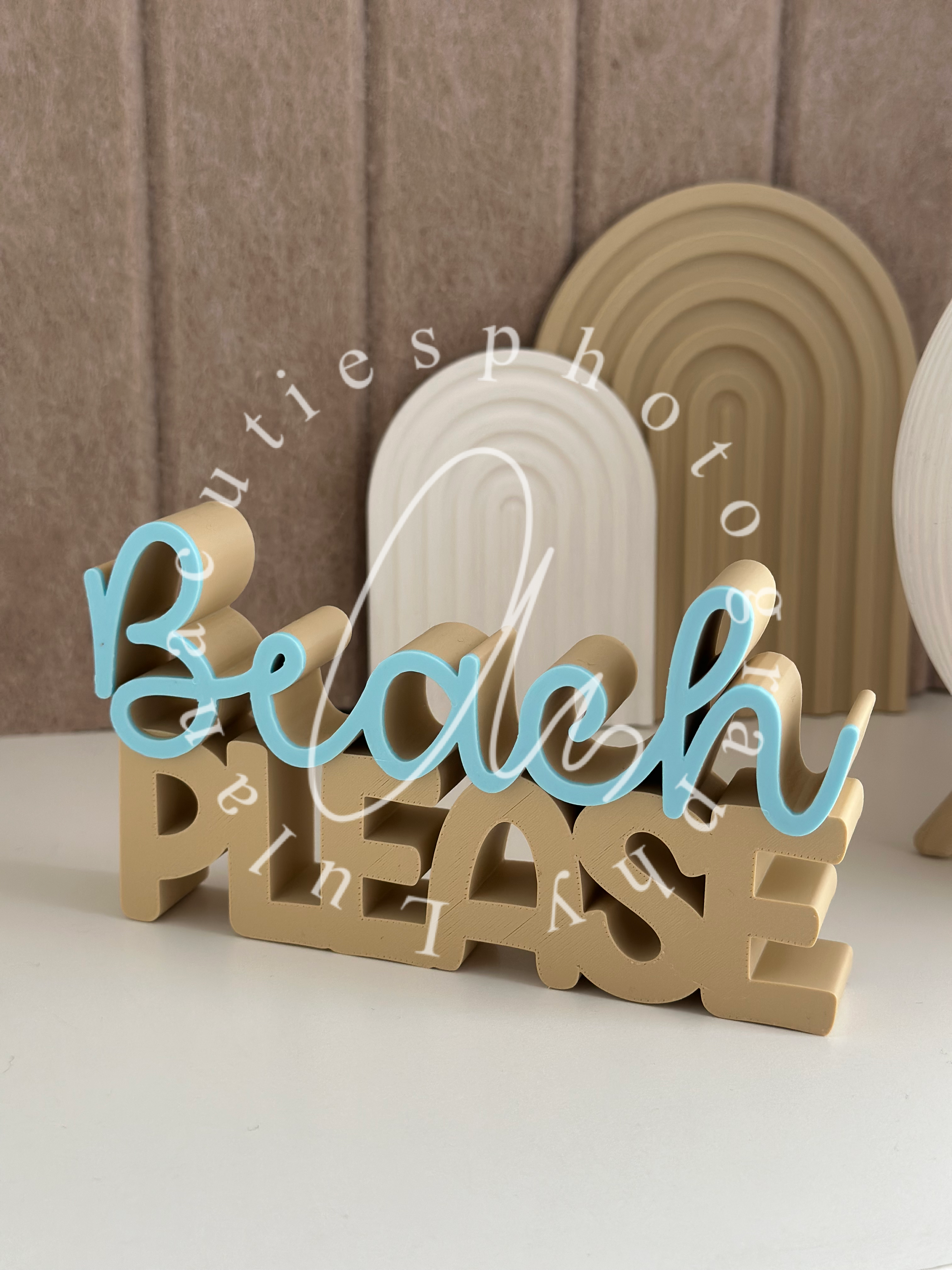 Schriftzug Beach Please hellblau/beige